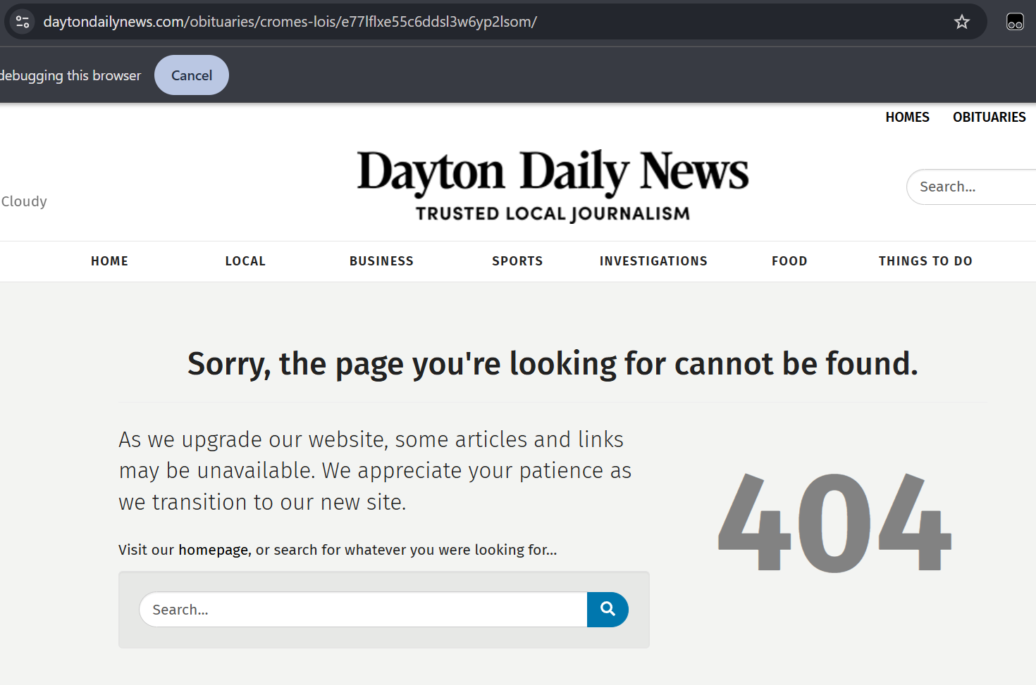Screenshot of the Dayton Daily News obituary page for Lois Cromes, showing limited access behind a paywall